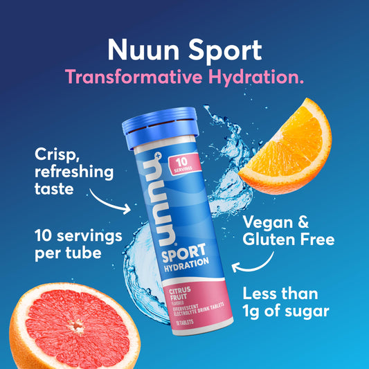 Nuun Citrus Fruit tube packaging shown for portable electrolyte refreshment.