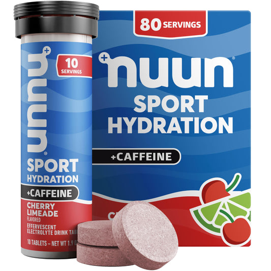 Nuun Energy Cherry Lemonade electrolyte tabs in tubes for on-the-go hydration.