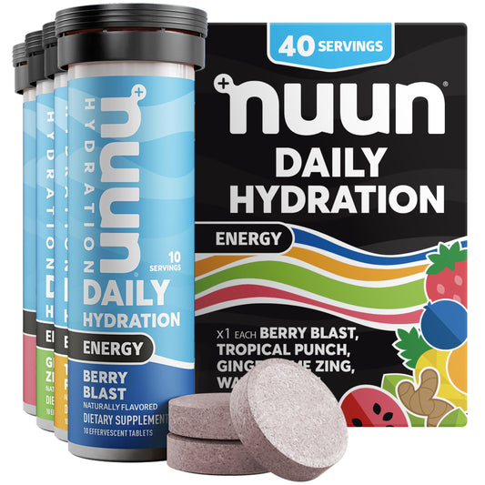 Nuun Energy tablets bottle close-up showing hydration support for active lifestyles.