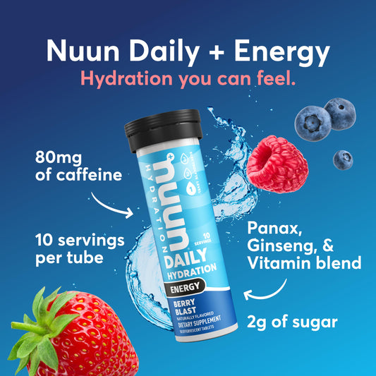 Nuun Energy tablets dissolve in water for quick hydration boost during workouts.