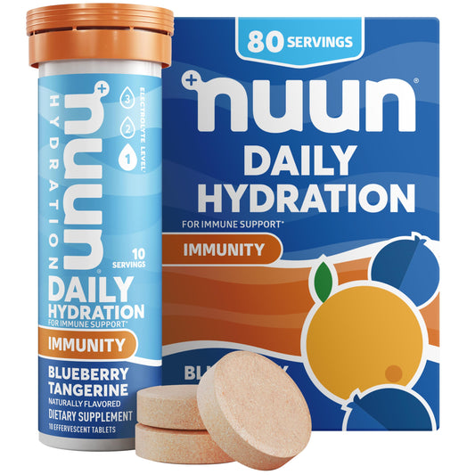 Nuun Immunity tablet dissolving in water for hydrated daily wellness.