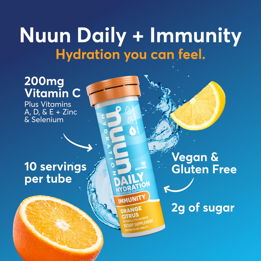 Nuun immunity tablets dissolving in water for refreshing hydration.
