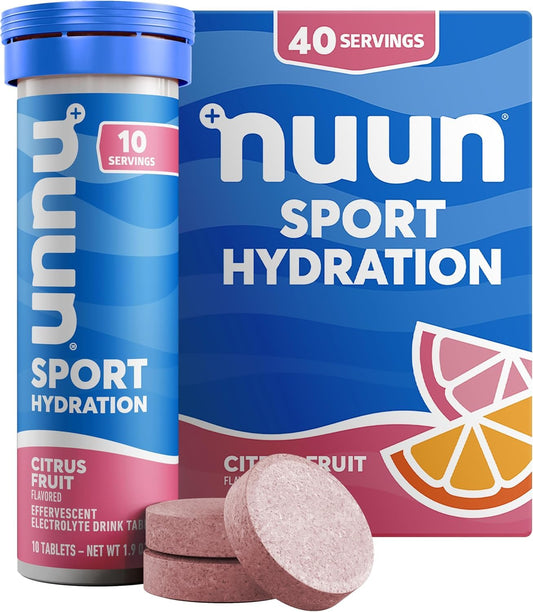 Nuun Sport Citrus Fruit tablet dissolving in water for refreshing on-the-go hydration