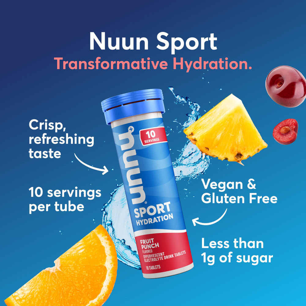 Nuun Sport Fruit Punch label highlights vegan, gluten-free hydration with electrolytes