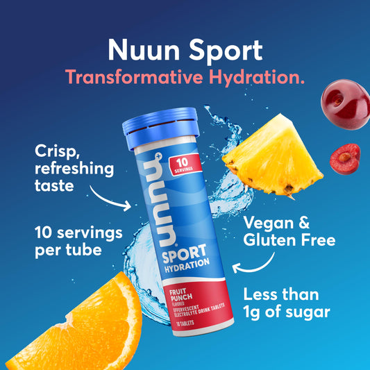 Nuun Sport Fruit Punch label highlights vegan, gluten-free hydration with electrolytes