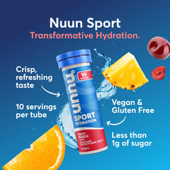 Nuun Sport Fruit Punch label highlights vegan, gluten-free hydration with electrolytes