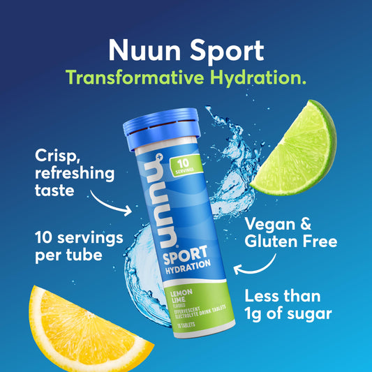 Nuun Sport Lemon Lime fizzing in a glass during hydration