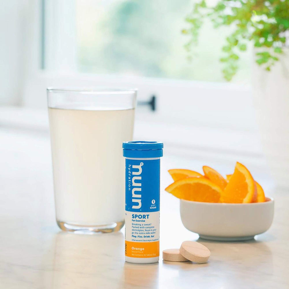 Nuun Sport Orange packaging showing six tubes for travel-friendly hydration.