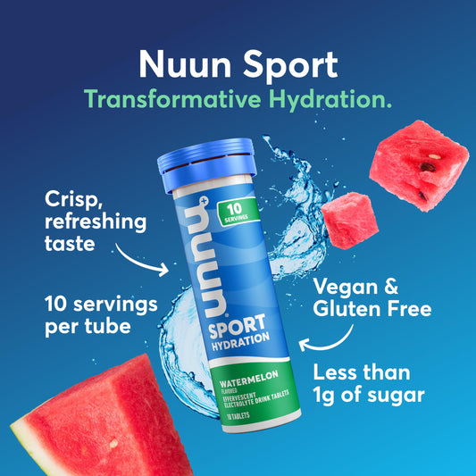 Nuun Sport Watermelon tubes stored in a gym bag for on-the-go hydration.