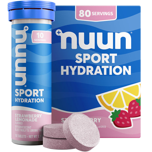 Nuun Strawberry Lemonade tablet dissolving in water for on-the-go hydration