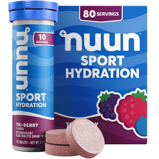 Nuun Tri Berry tablet dissolving in water for refreshing electrolyte hydration