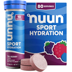 Nuun Tri Berry tablet dissolving in water for refreshing electrolyte hydration