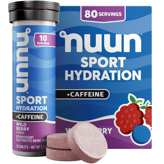 Nuun Wild Berry electrolyte tabs dissolve in water for refreshing hydration on the go.