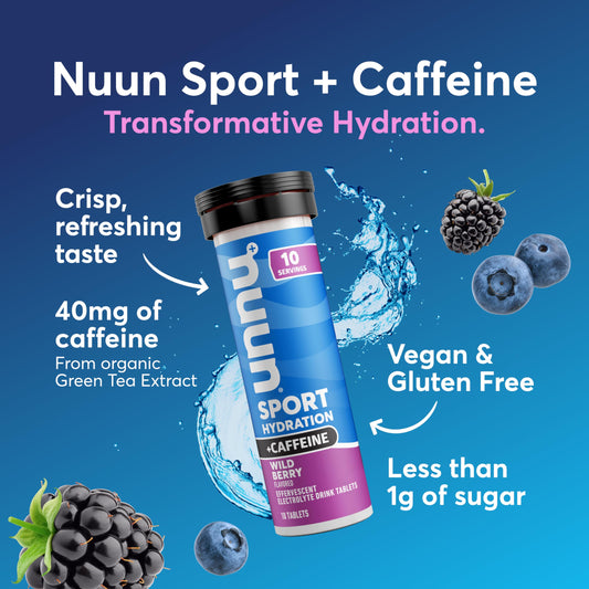 Nuun Energy Wild Berry tablets dissolve in water, showing caffeine‑backed focus during workouts.