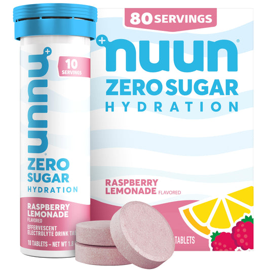 Nuun Zero Sugar Raspberry Lemonade tablet ready to dissolve in water for hydration