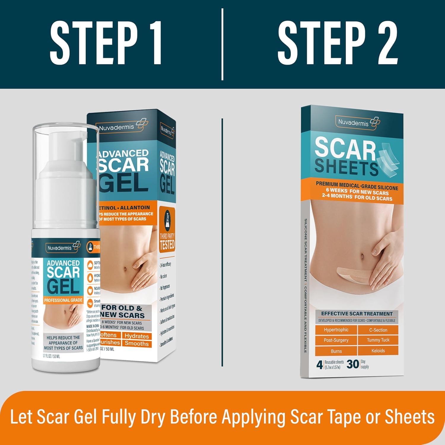 NUVADERMIS scar gel bottle shows nourishing formula for elasticity and smoothness of scar tissue