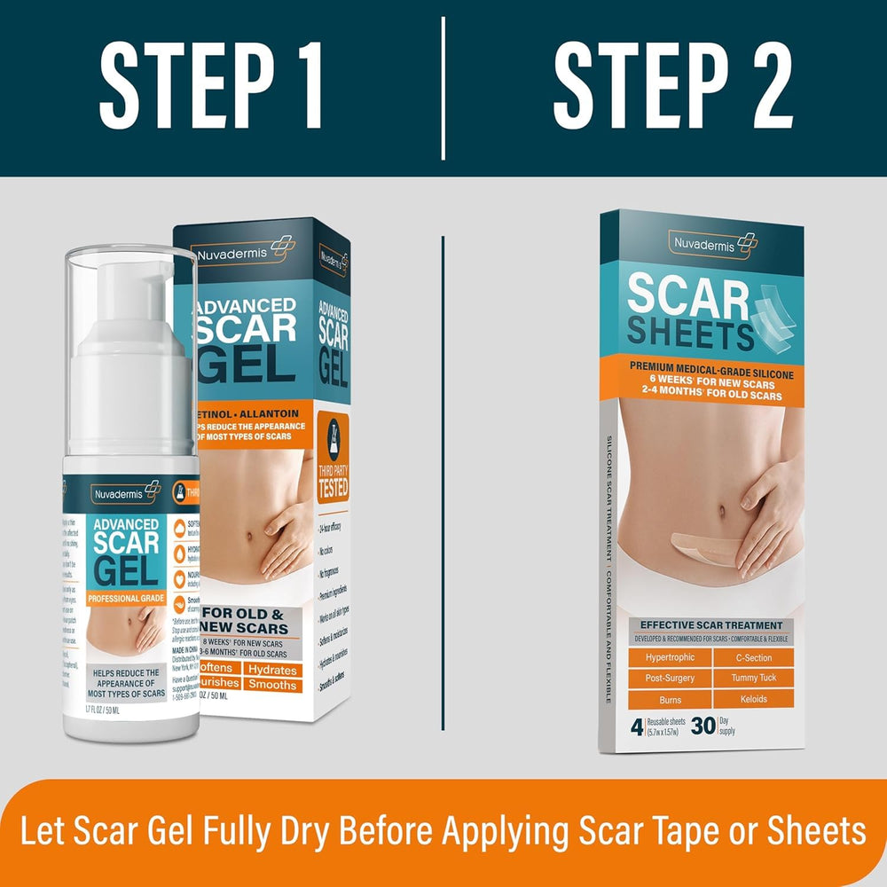 NUVADERMIS scar gel bottle shows nourishing formula for elasticity and smoothness of scar tissue