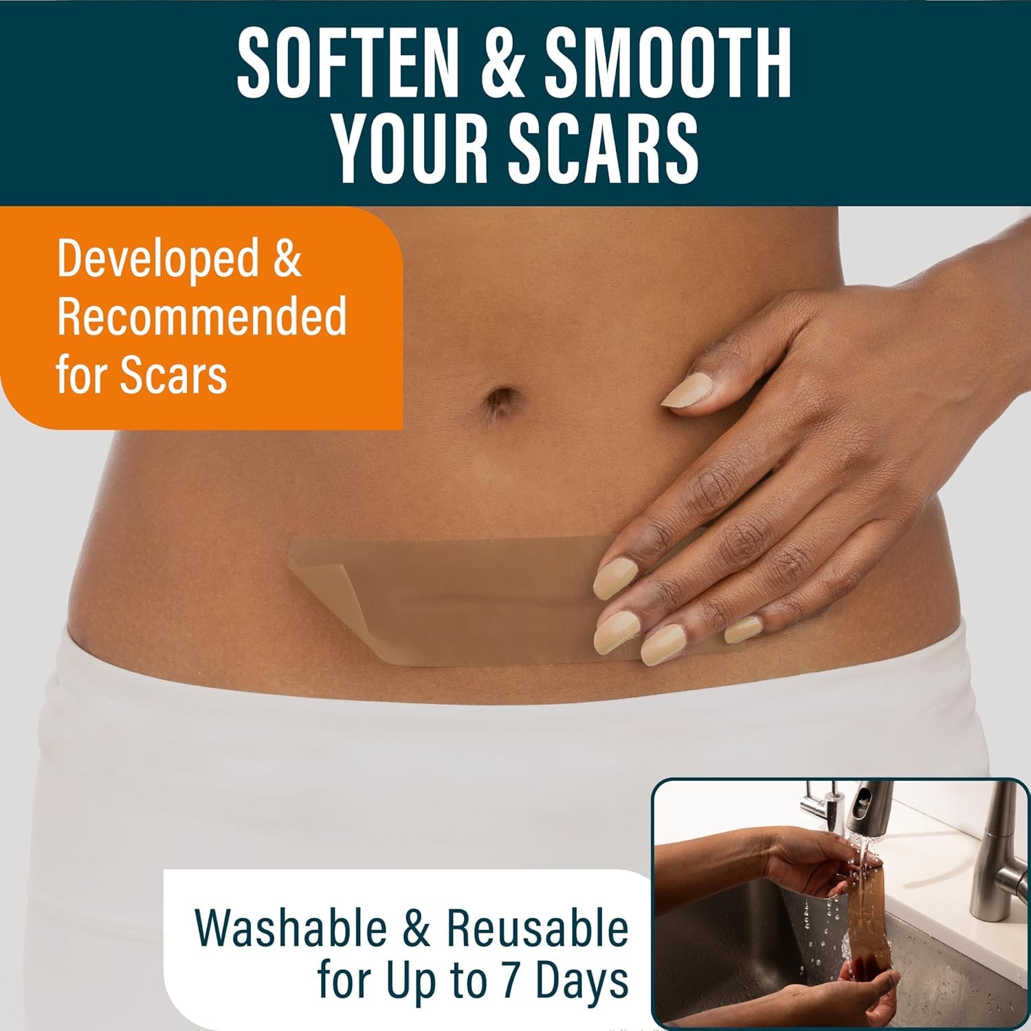 NUVADERMIS silicone scar tape on abdominal area after C-section illustrates discreet, 24-hour wear