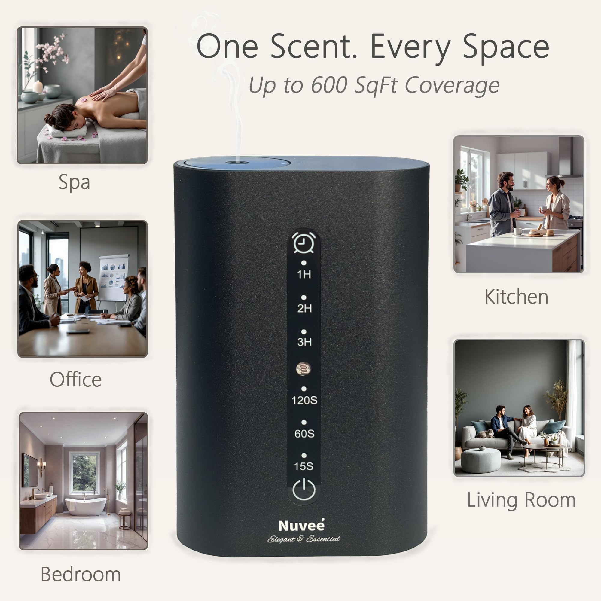 Nuveé diffuser covers up to 600 sq ft for whole-room aroma diffusion