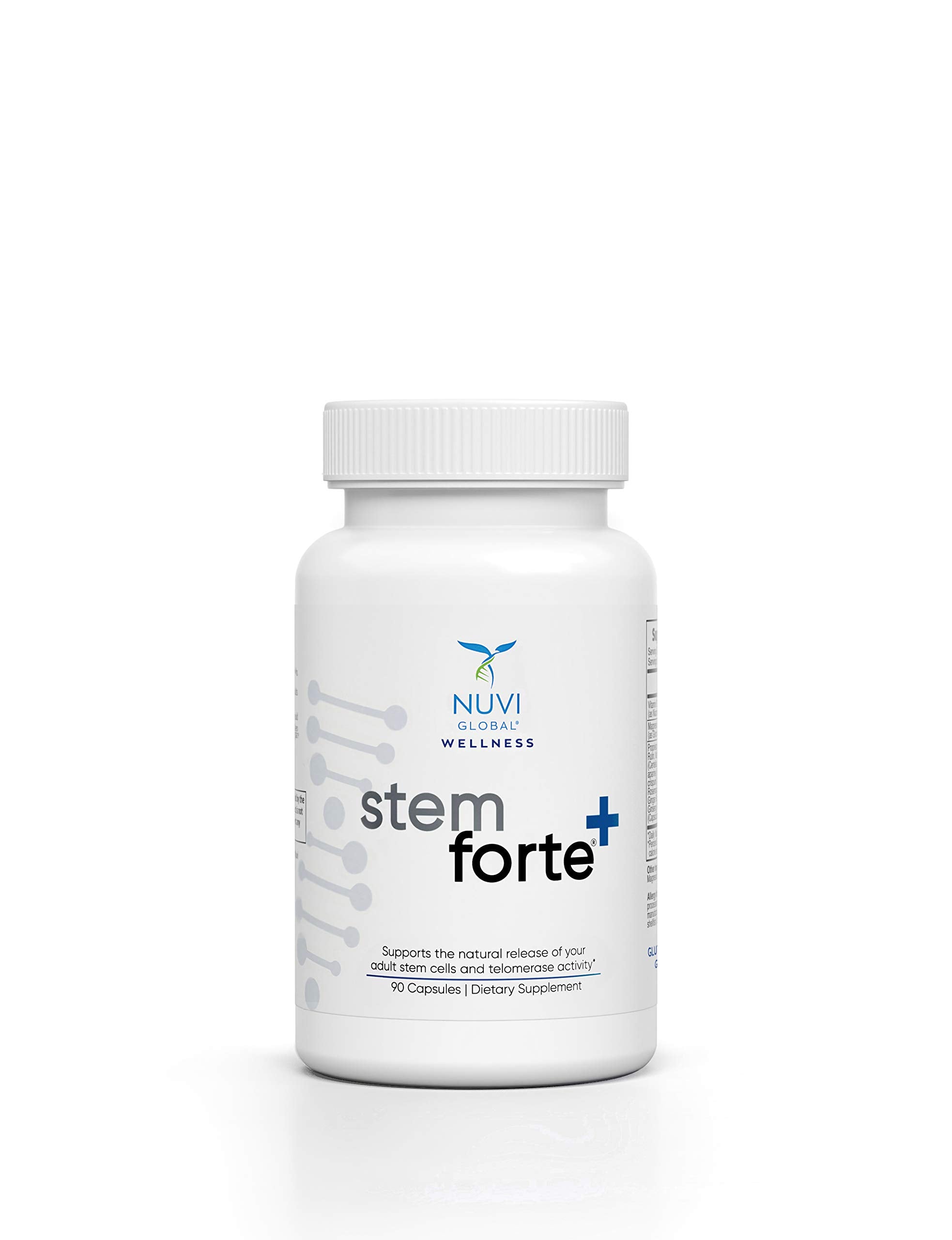 NuVi Global Stemforte Plus bottle pour demonstrates daily dosage for potential cellular support.