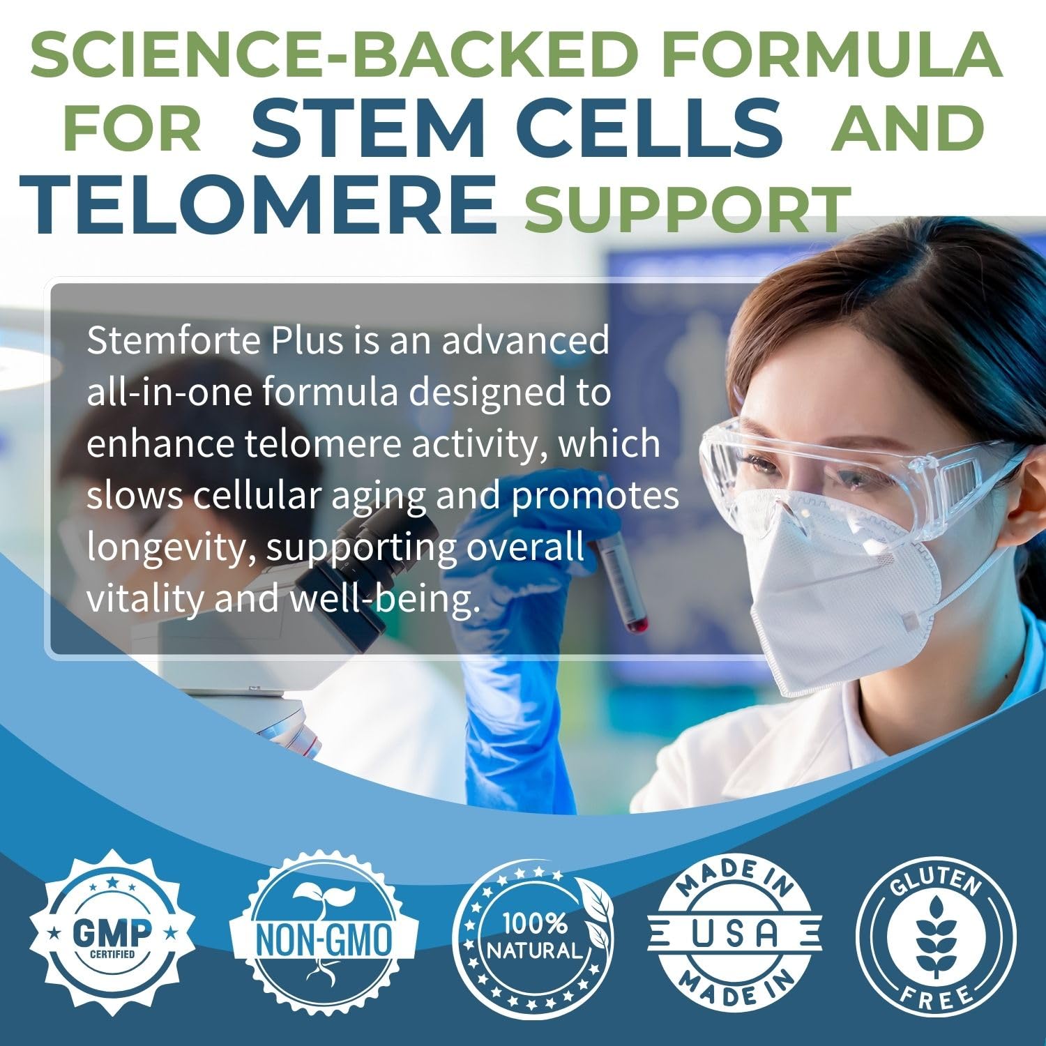 NuVi Global Stemforte Plus ingredients art highlights brown seaweed and antioxidants.