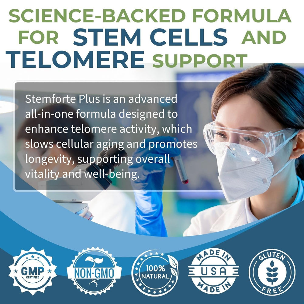 NuVi Global Stemforte Plus ingredients art highlights brown seaweed and antioxidants.