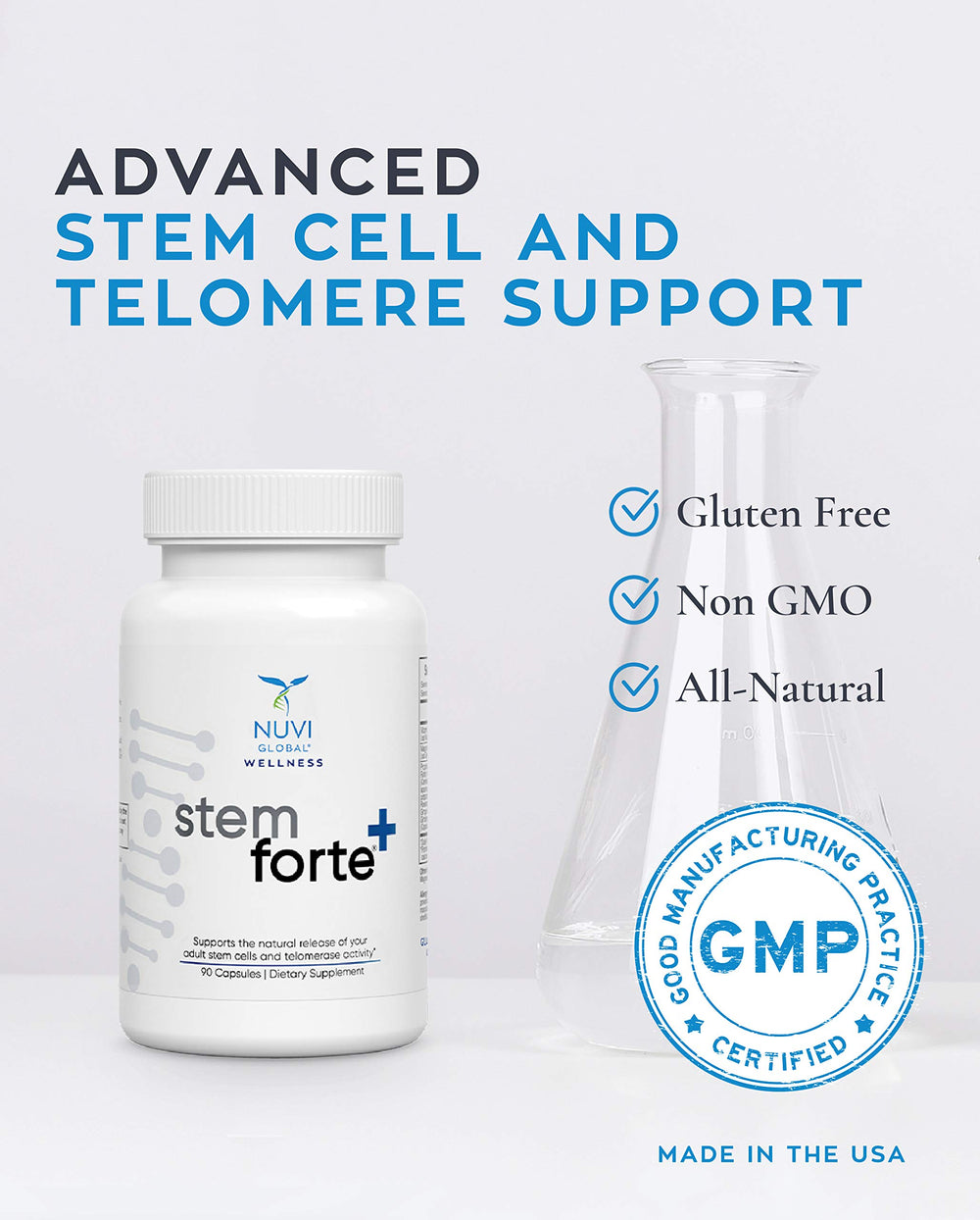 NuVi Global Stemforte Plus lifestyle shot with multitask adult demonstrates focus and vitality.