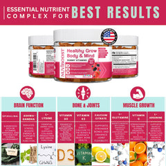 NUVIBOOST Healthy Grow gummies closeup highlighting berry texture and bite-sized nutrition.