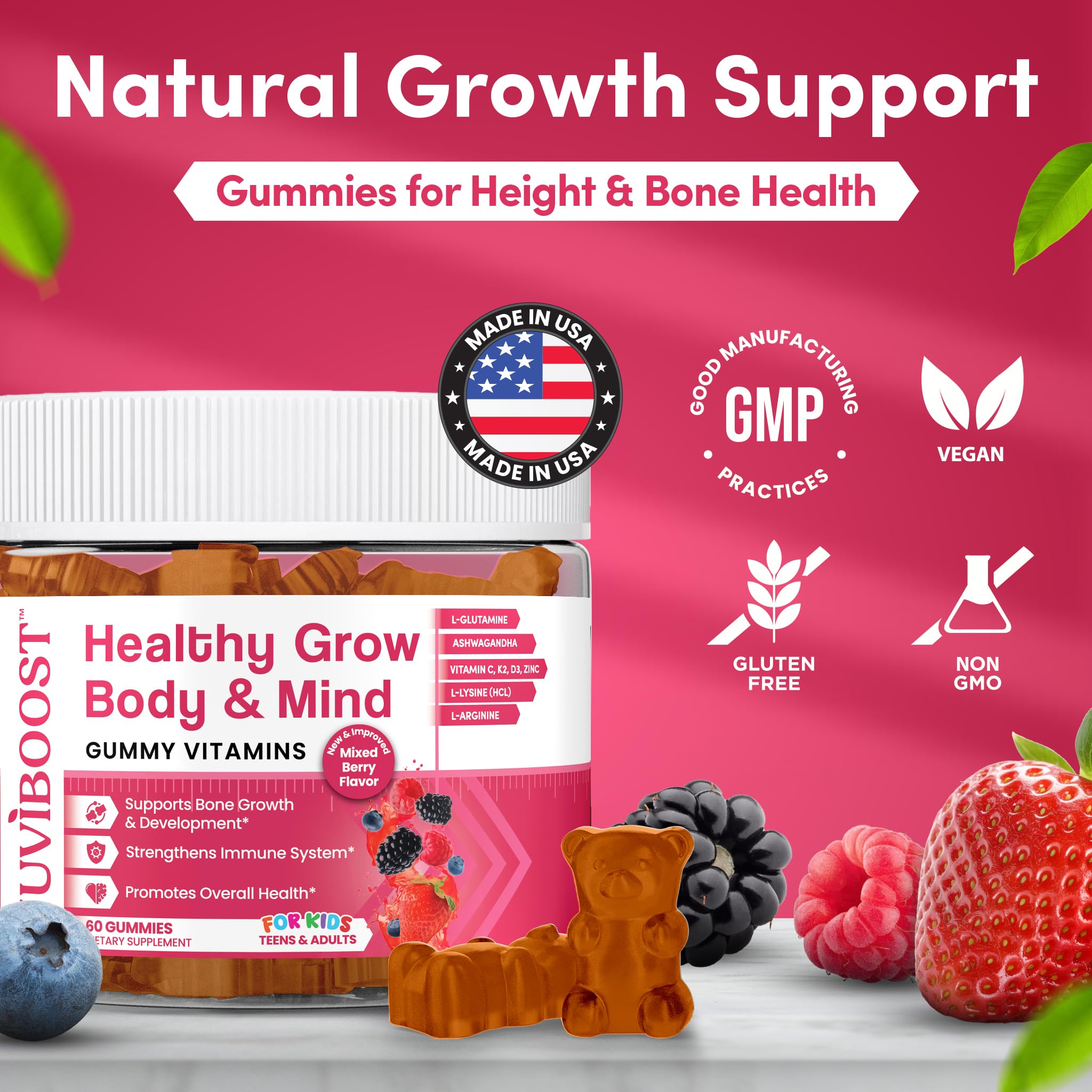 NUVIBOOST Healthy Grow ingredients scene features calcium, vitamins, and amino acids.