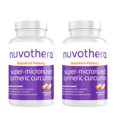 Nuvothera turmeric bottle label close-up showing whole root formula for potent antioxidants.