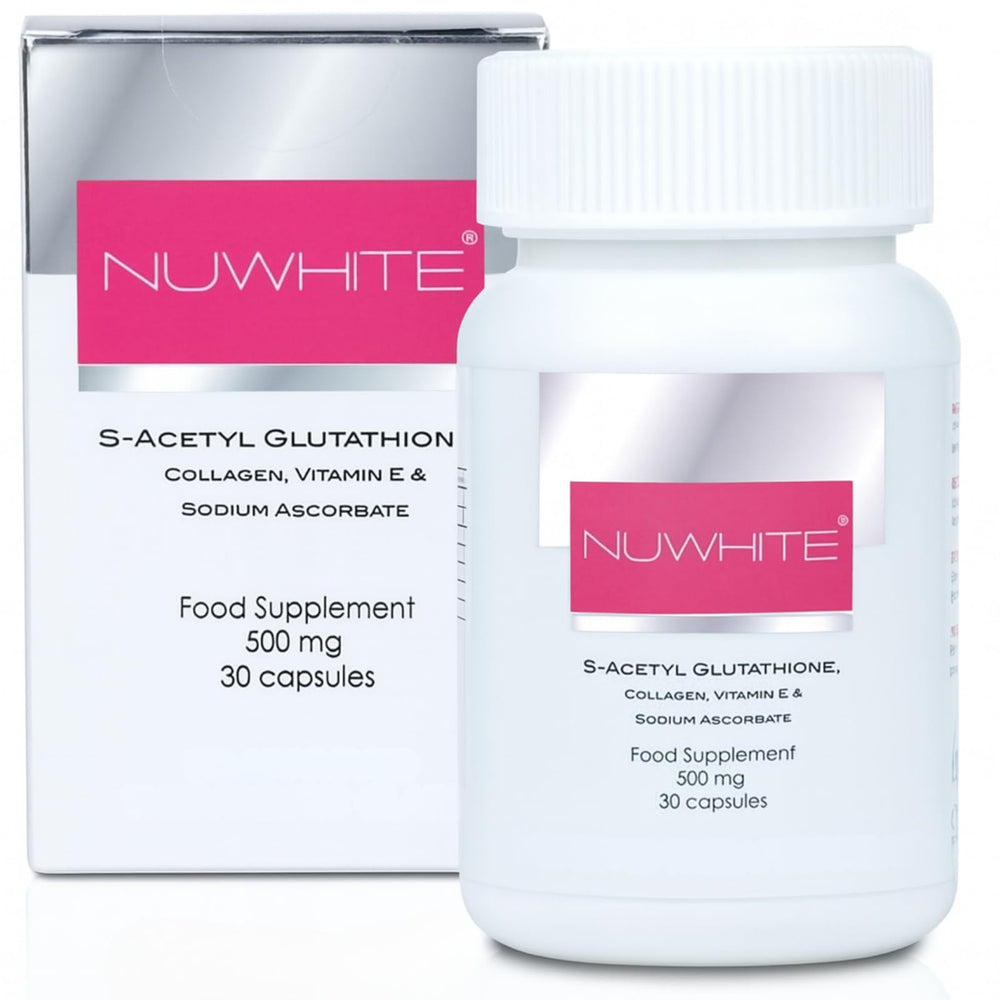Nu White S-Acetyl Glutathione bottle for daily skin glow and wellness.