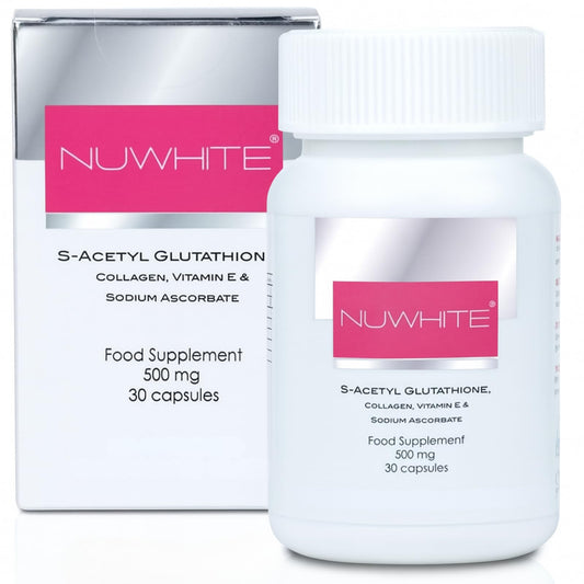 Nu White S-Acetyl Glutathione bottle for daily skin glow and wellness.
