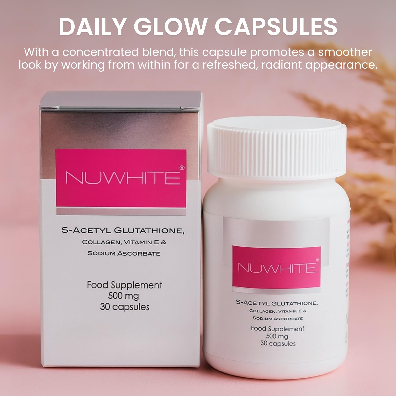 Nu White S-Acetyl Glutathione capsules closeup highlighting easy-to-swallow form.
