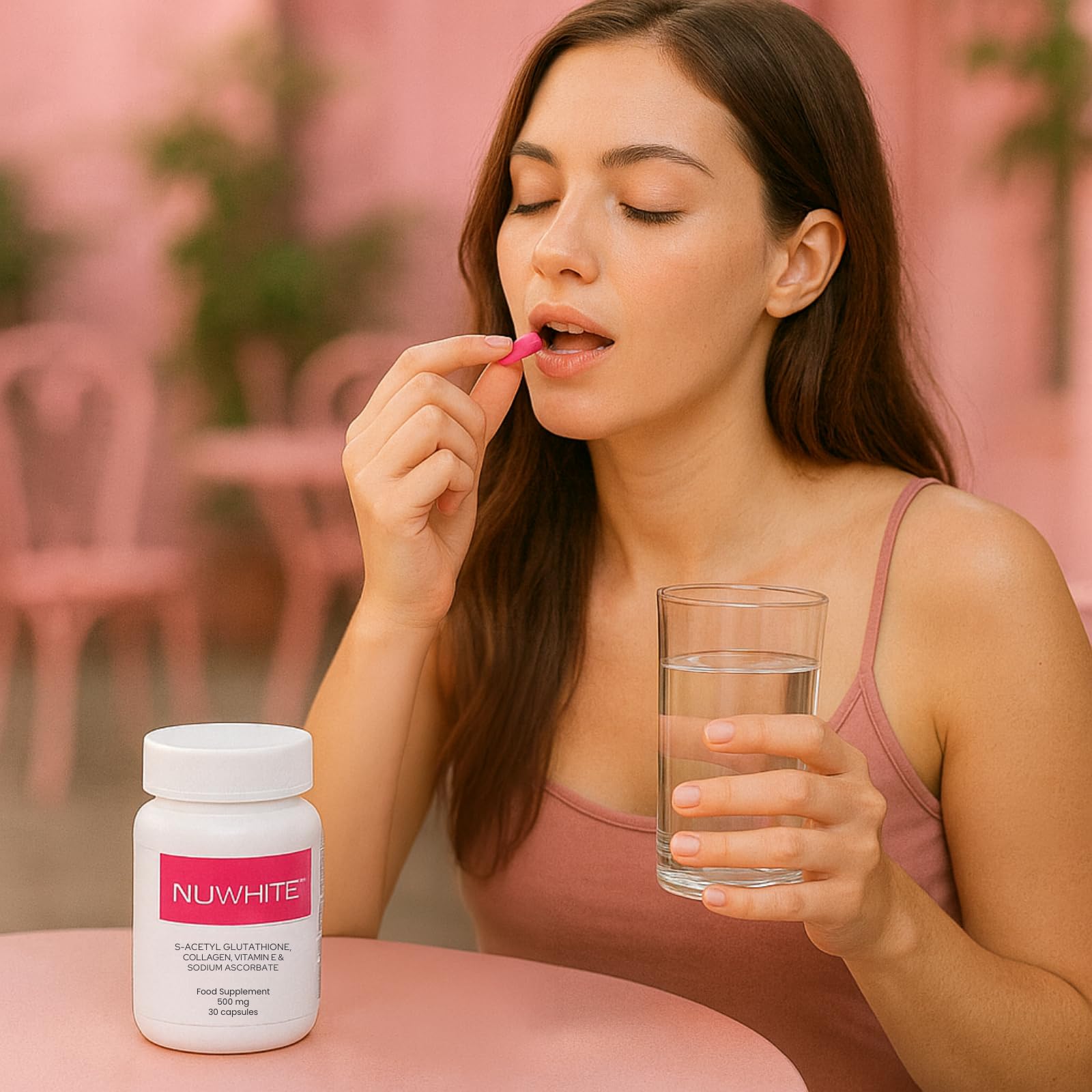 Nu White S-Acetyl Glutathione health wellness symbol with capsules.