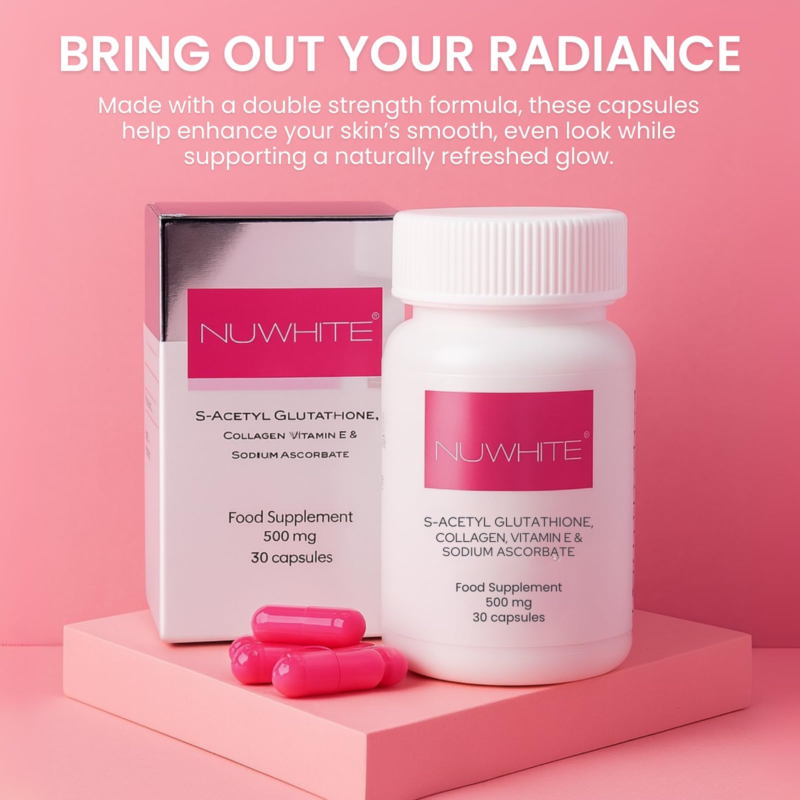 Nu White S-Acetyl Glutathione in morning routine for radiant skin.