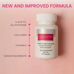 Nu White S-Acetyl Glutathione packaging showcasing a clean, premium supplement.
