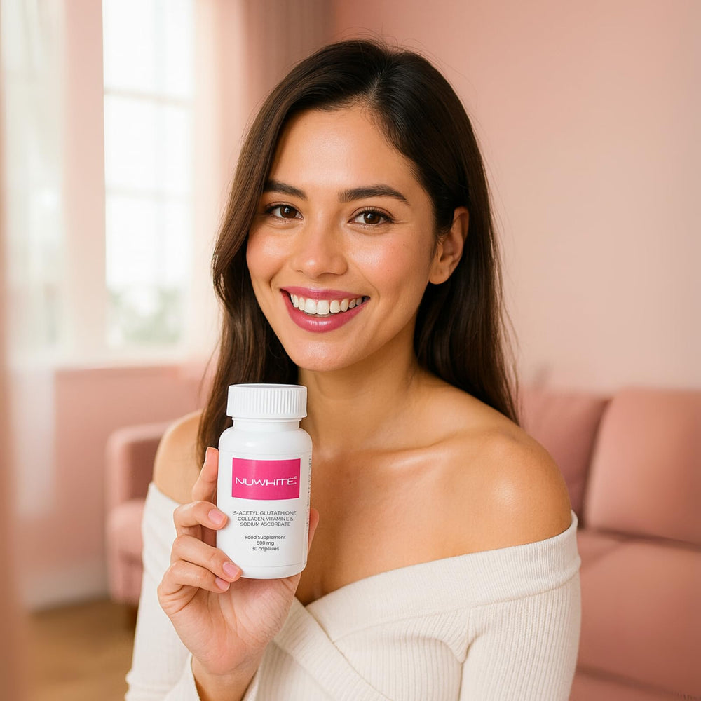Nu White S-Acetyl Glutathione skin glow concept emphasizes even tone.