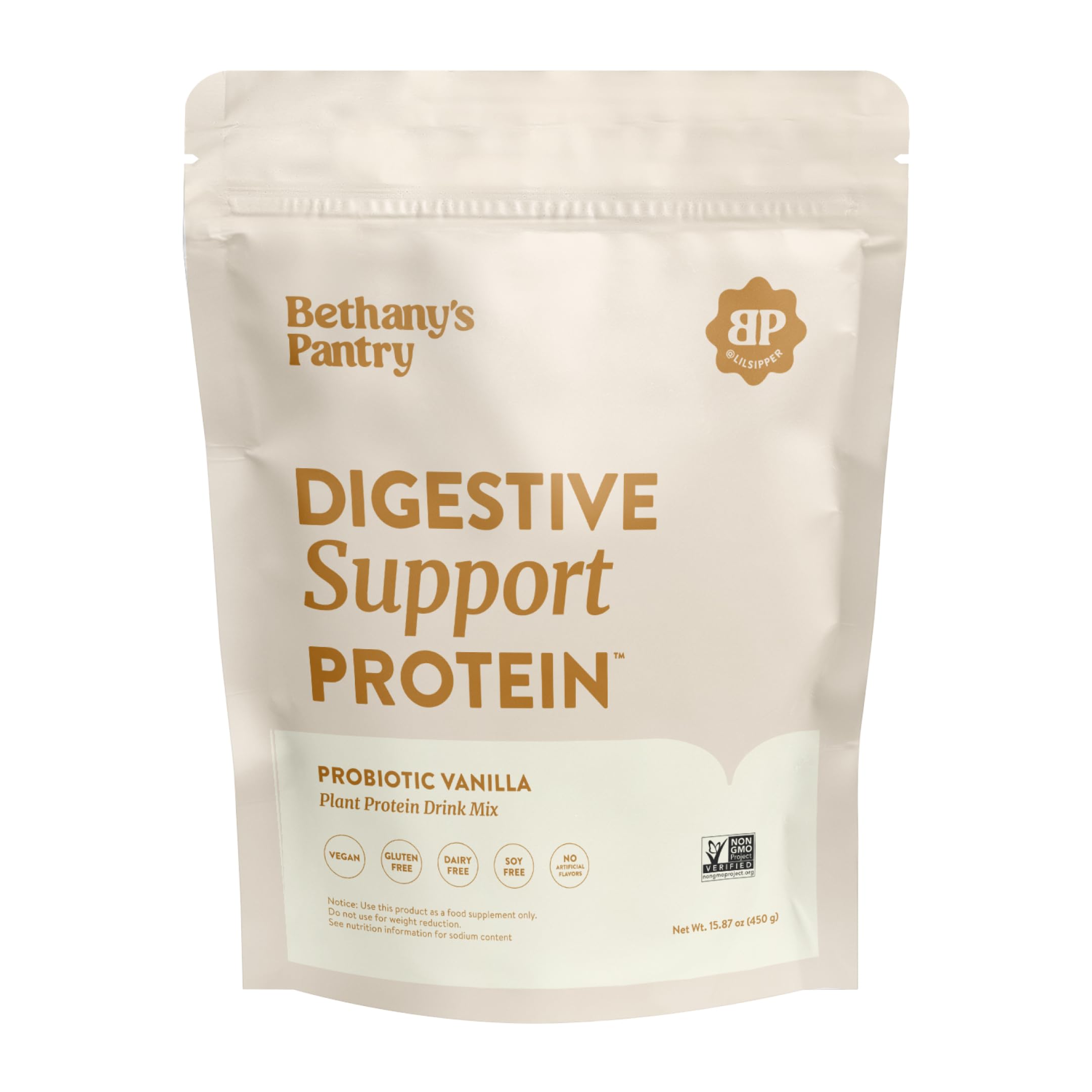 Nuzest Bethany's Pantry Digestive Support Protein vanilla bottle shows probiotic vegan protein.