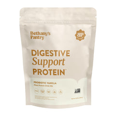 Nuzest Bethany's Pantry Digestive Support Protein vanilla bottle shows probiotic vegan protein.