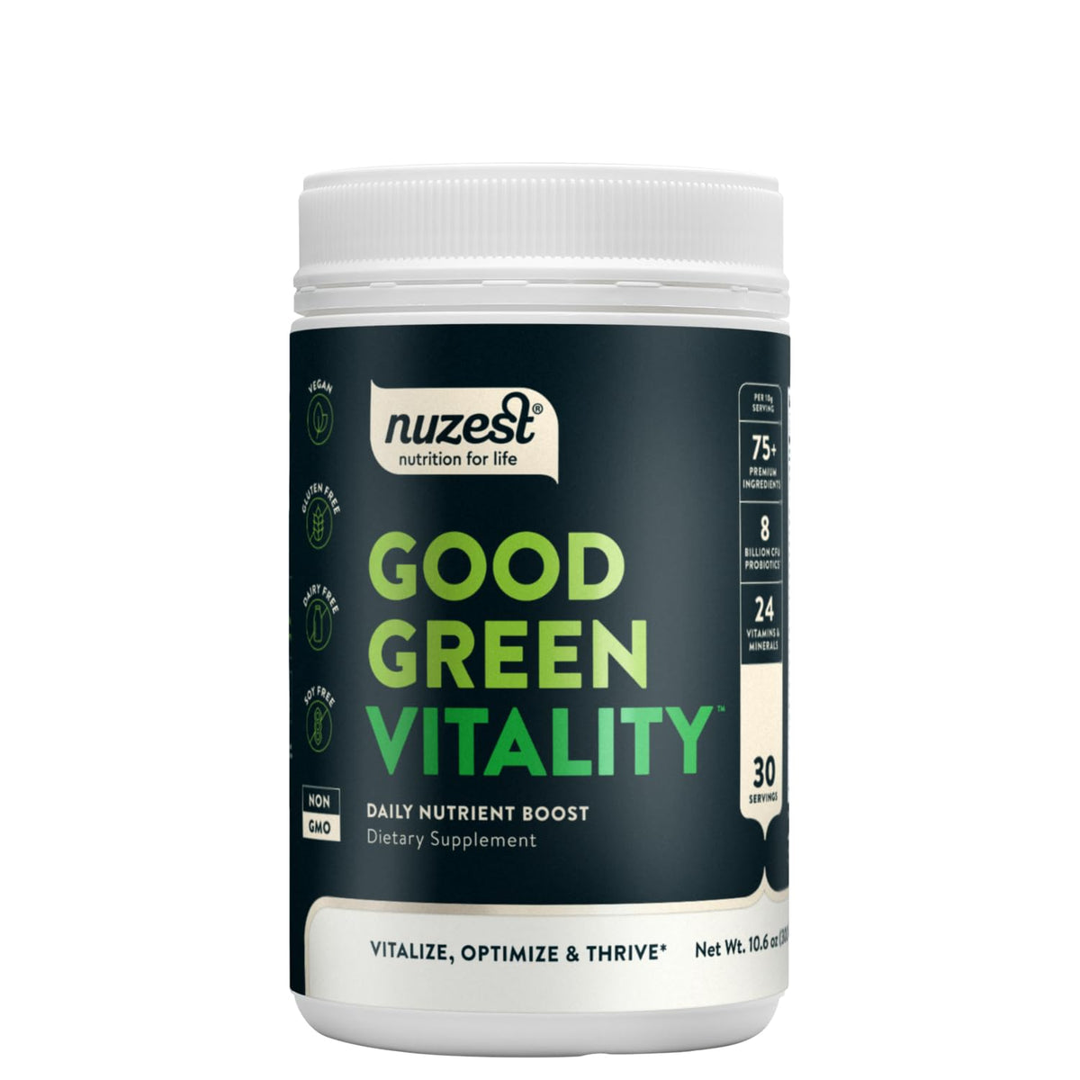 Nuzest Good Green Vitality packaging highlights premium greens for daily nutrition