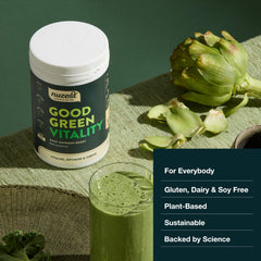 Nuzest Good Green Vitality jar close-up promotes daily support for energy