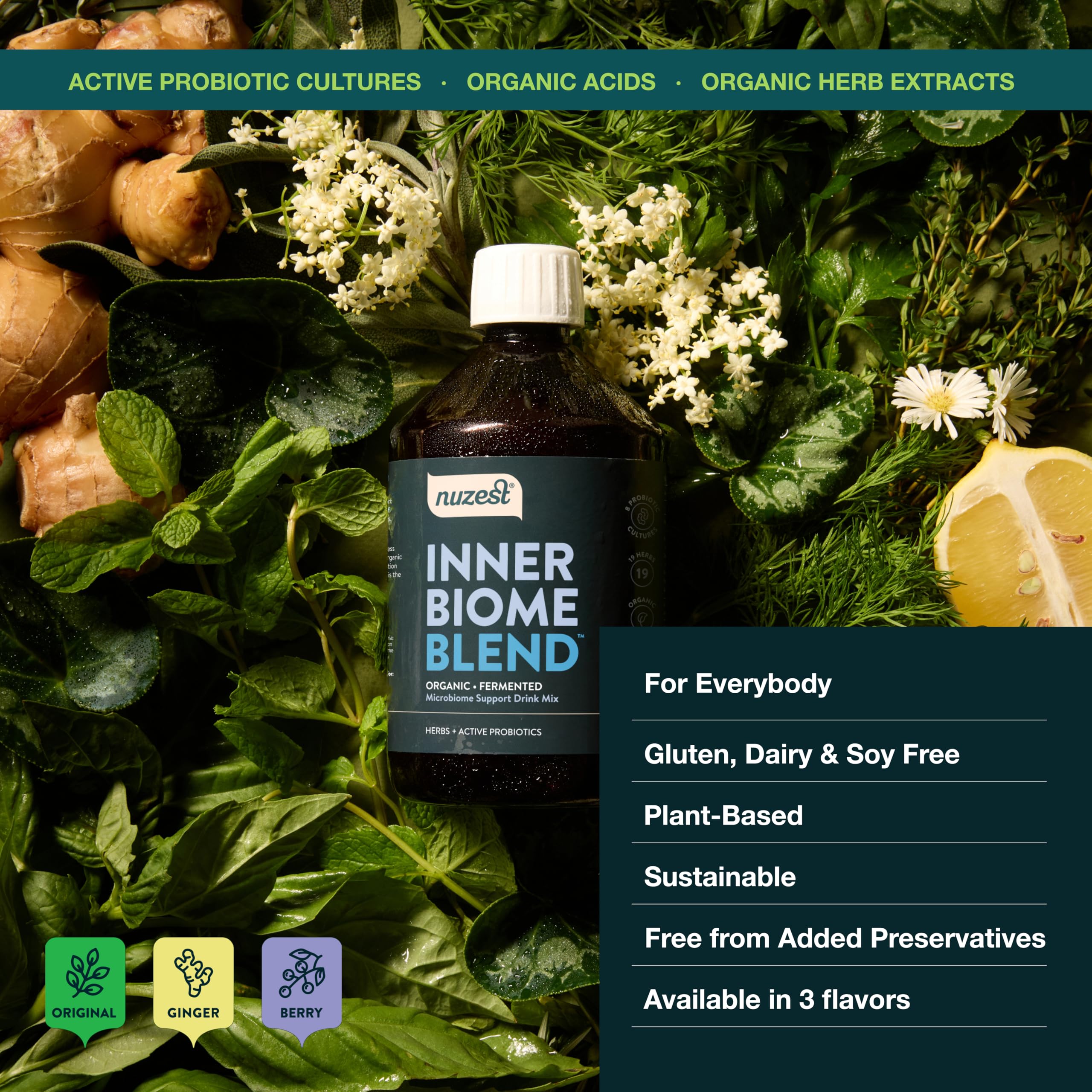 Glass with Inner Biome Blend for daily hydration and microbiome support.