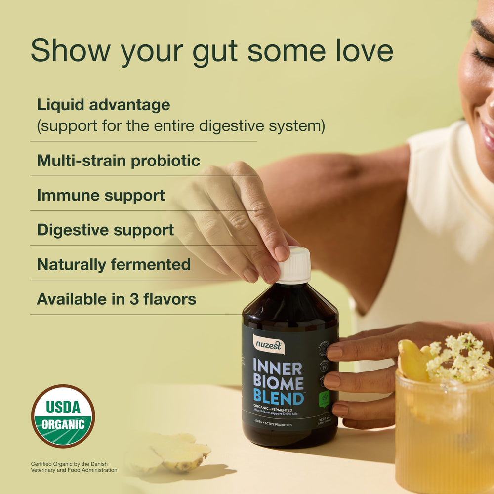 Inner Biome Blend ingredients panel with eight probiotic strains and herbs.