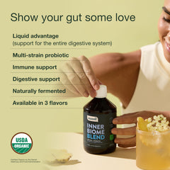 Inner Biome Blend ingredients panel with eight probiotic strains and herbs.