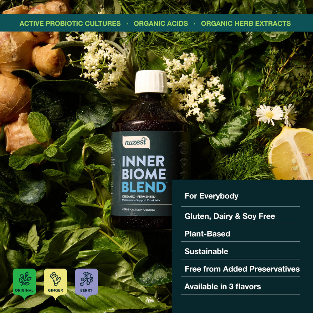 Nuzest Inner Biome Blend liquid form image emphasizes fast absorption