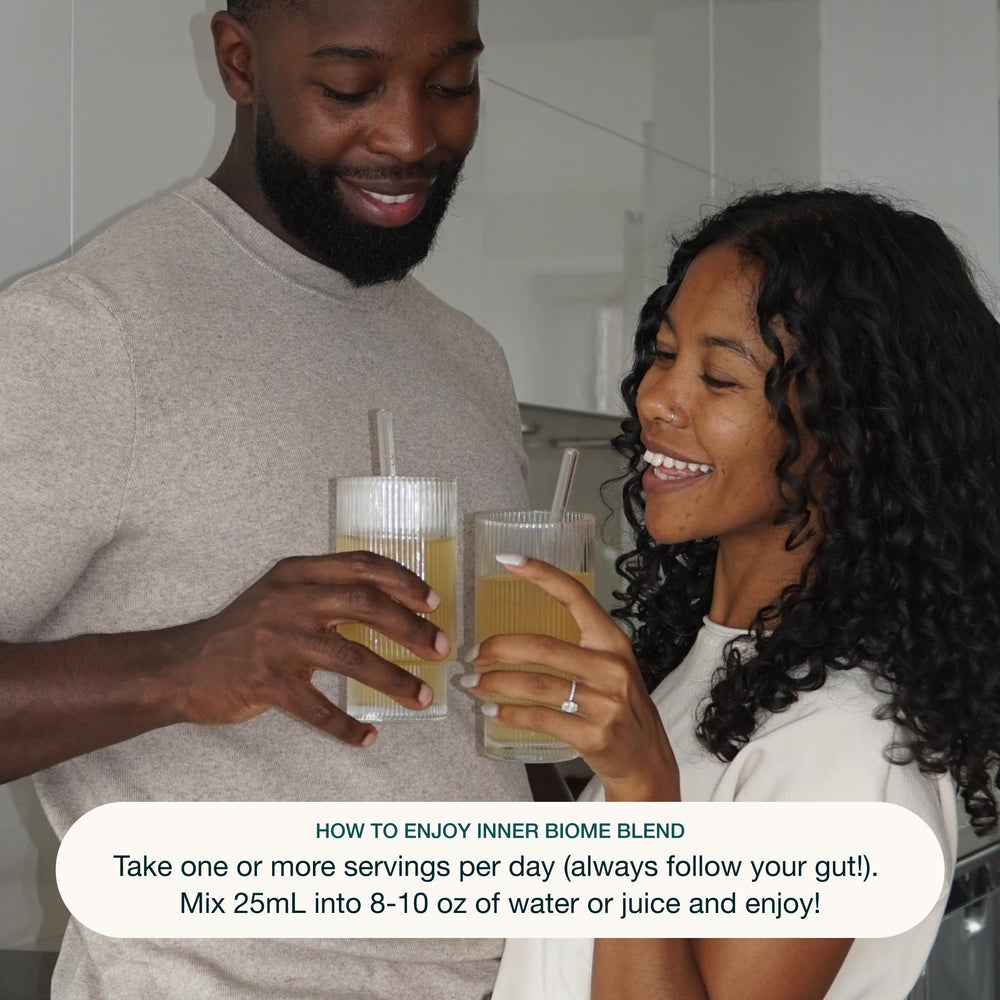 Nuzest Inner Biome Blend ready-to-use serving in a glass