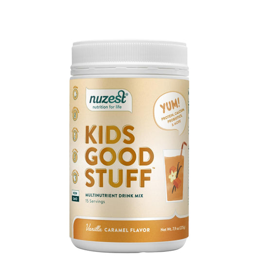 Nuzest Kids Good Stuff vanilla caramel smoothie powder for a nutritious start to the day.