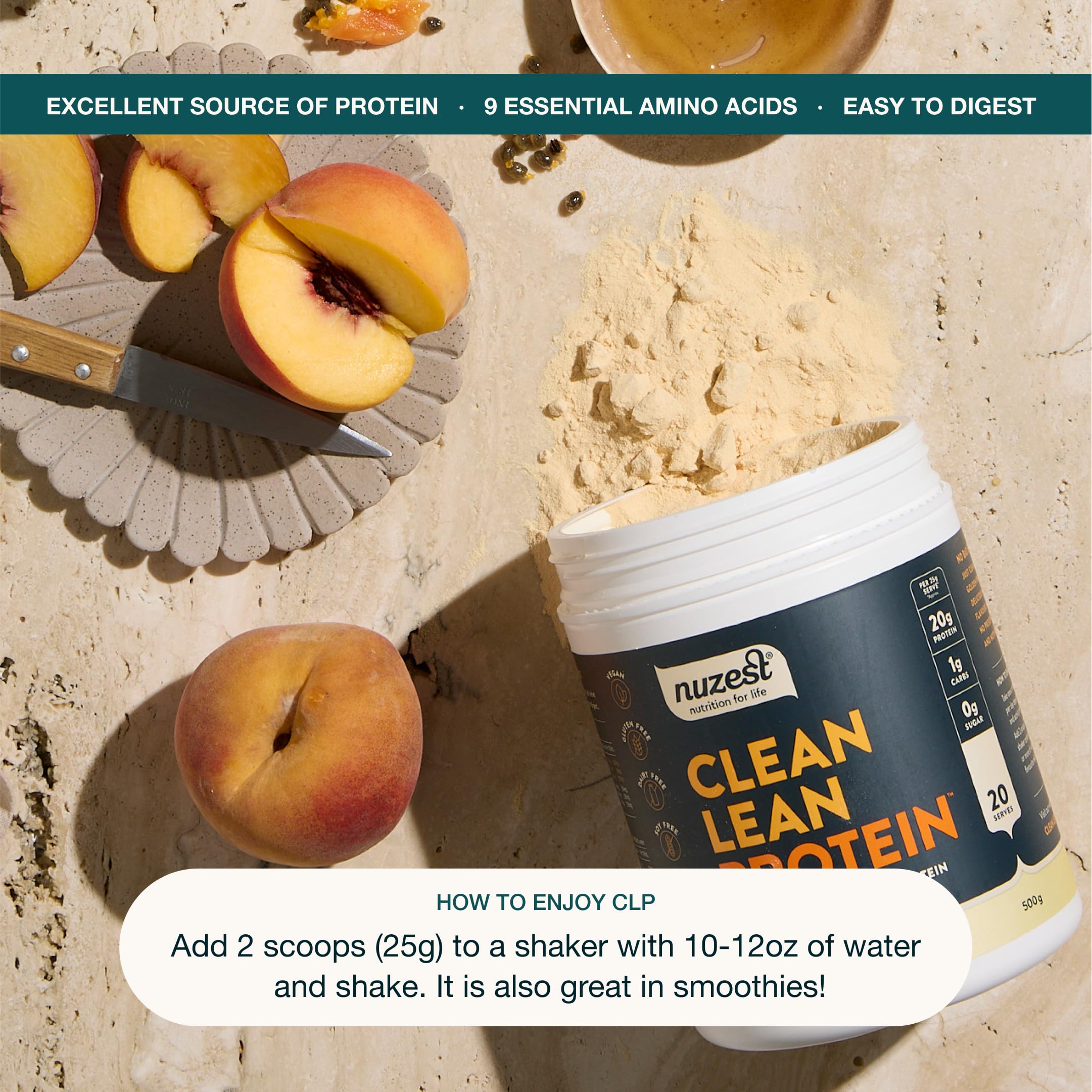 Nuzest protein powder packaging eco-friendly appeal.