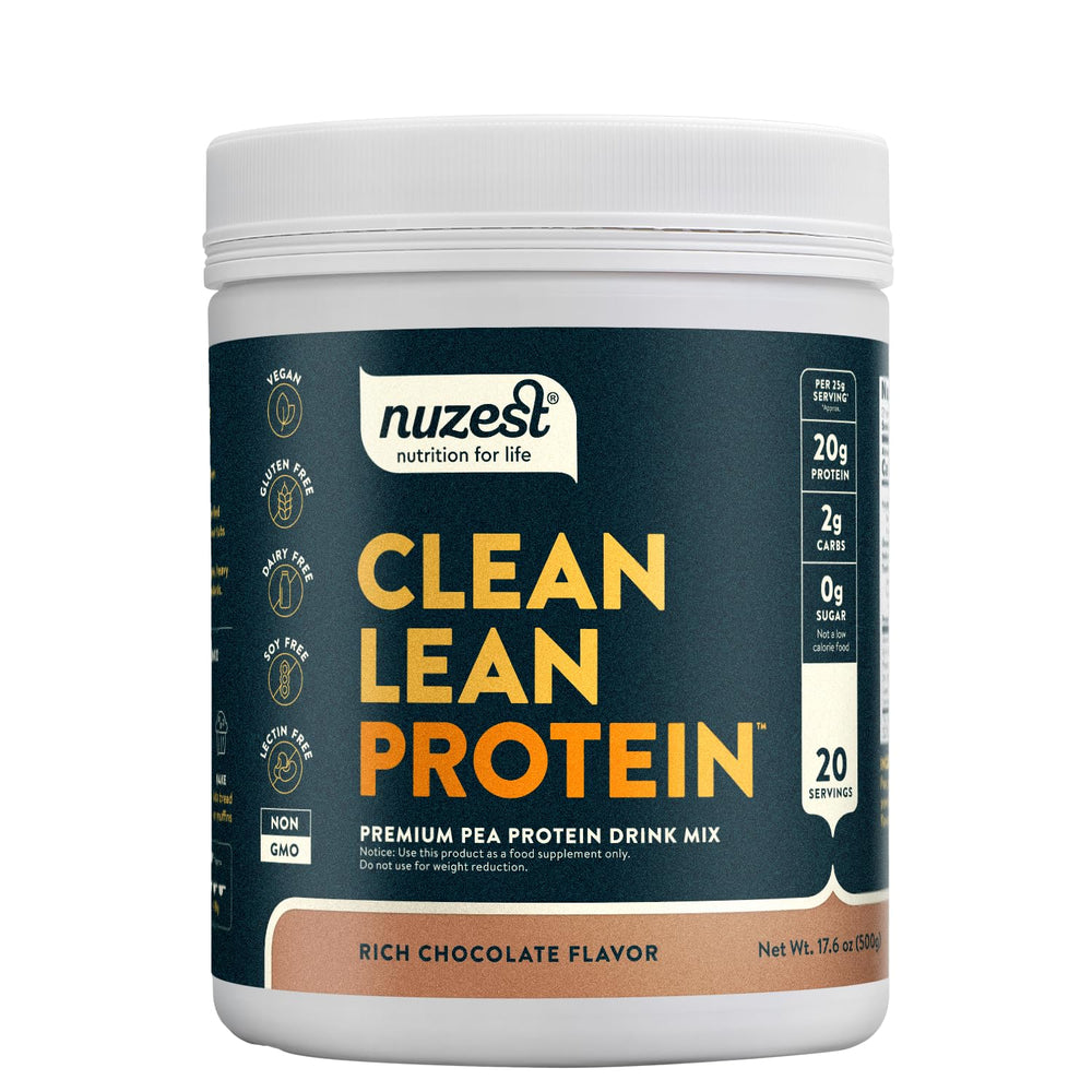 Nuzest pea protein powder bottle for clean plant protein.