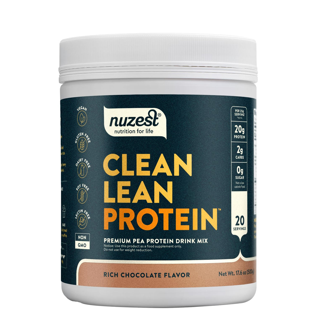 Nuzest pea protein powder bottle for clean plant protein.